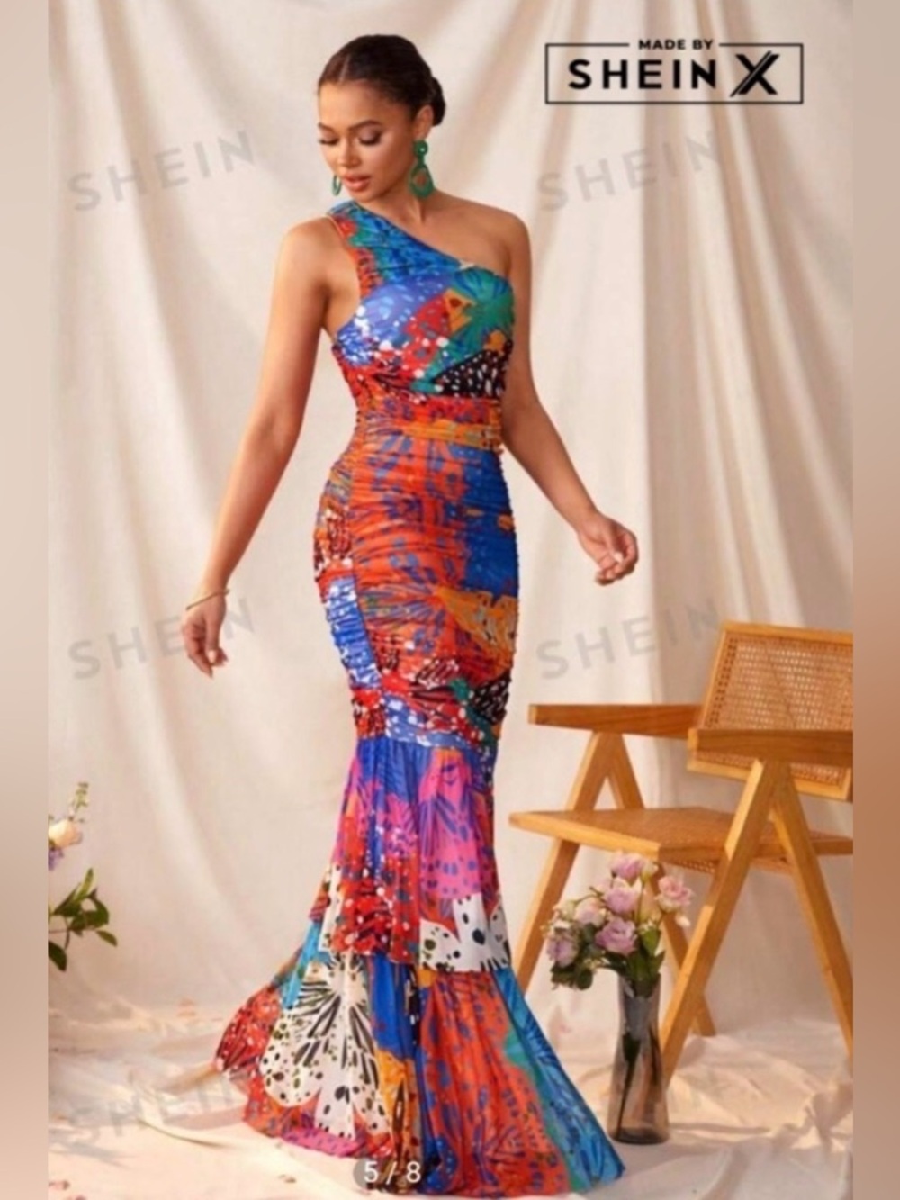 SHEIN Multicolor One-Shoulder Ruched Mermaid Gown